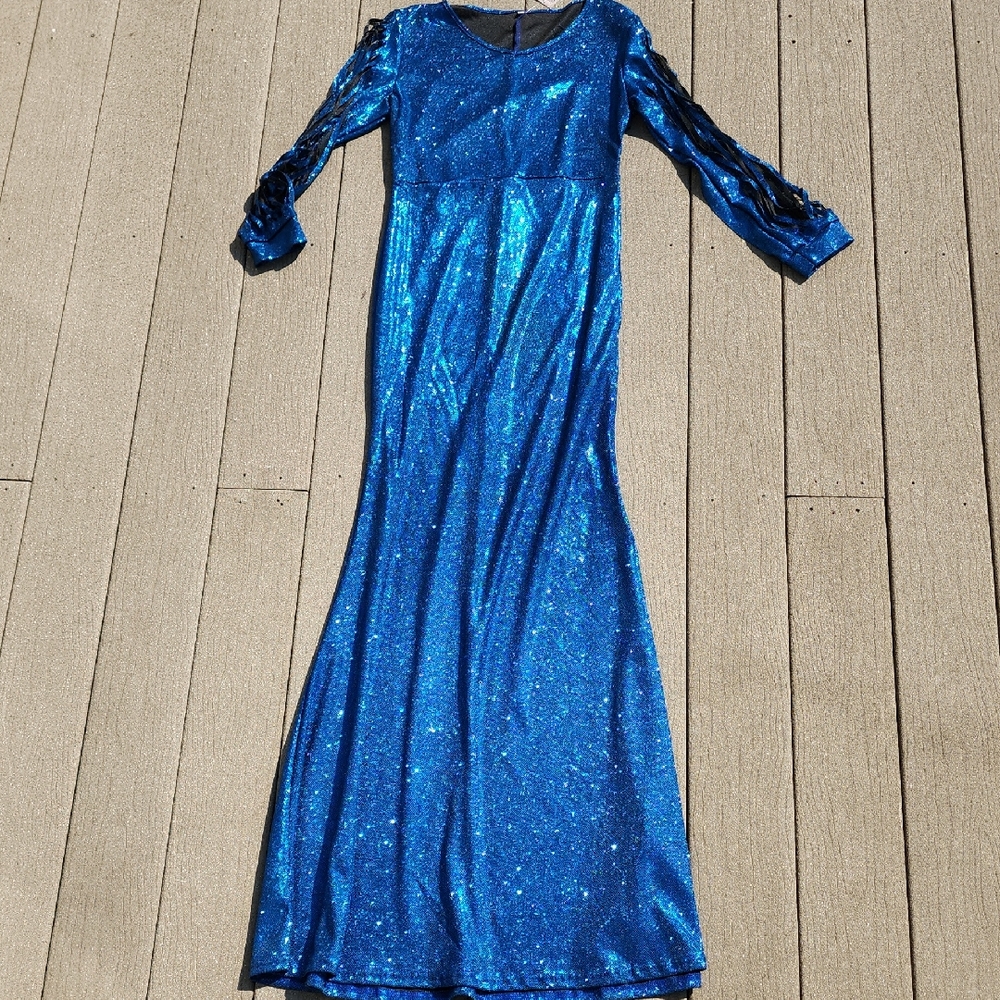 (L) NWT Sparkling Long Sleeve Blue Dress Glam New Years Cosplay Prom Grad Fancy